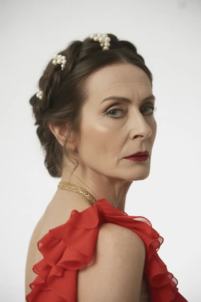 Fall hairstyles for women over 60 Elegant Crowned Braid with Pearls