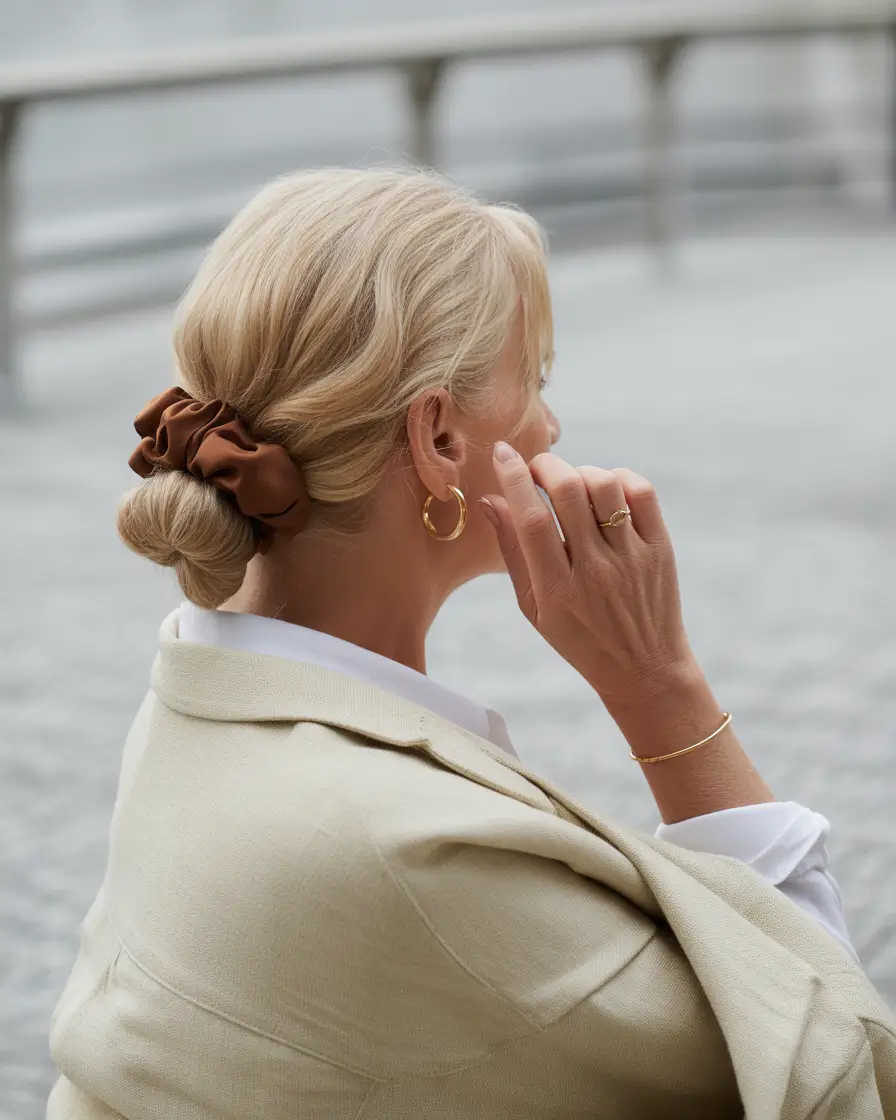 Fall hairstyles for women over 60 Chic Low Bun with a Scrunchie Twist