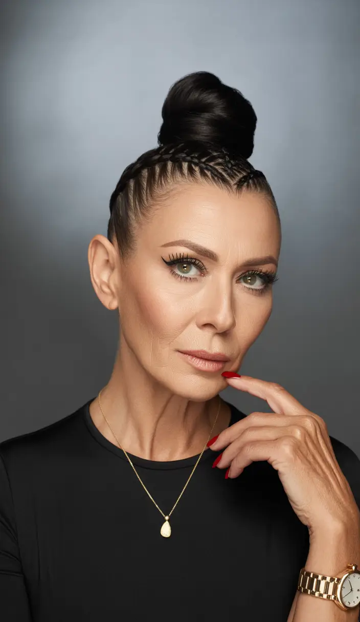 Fall hairstyles for women over 60 Glossy Braided Top Knot with Edge