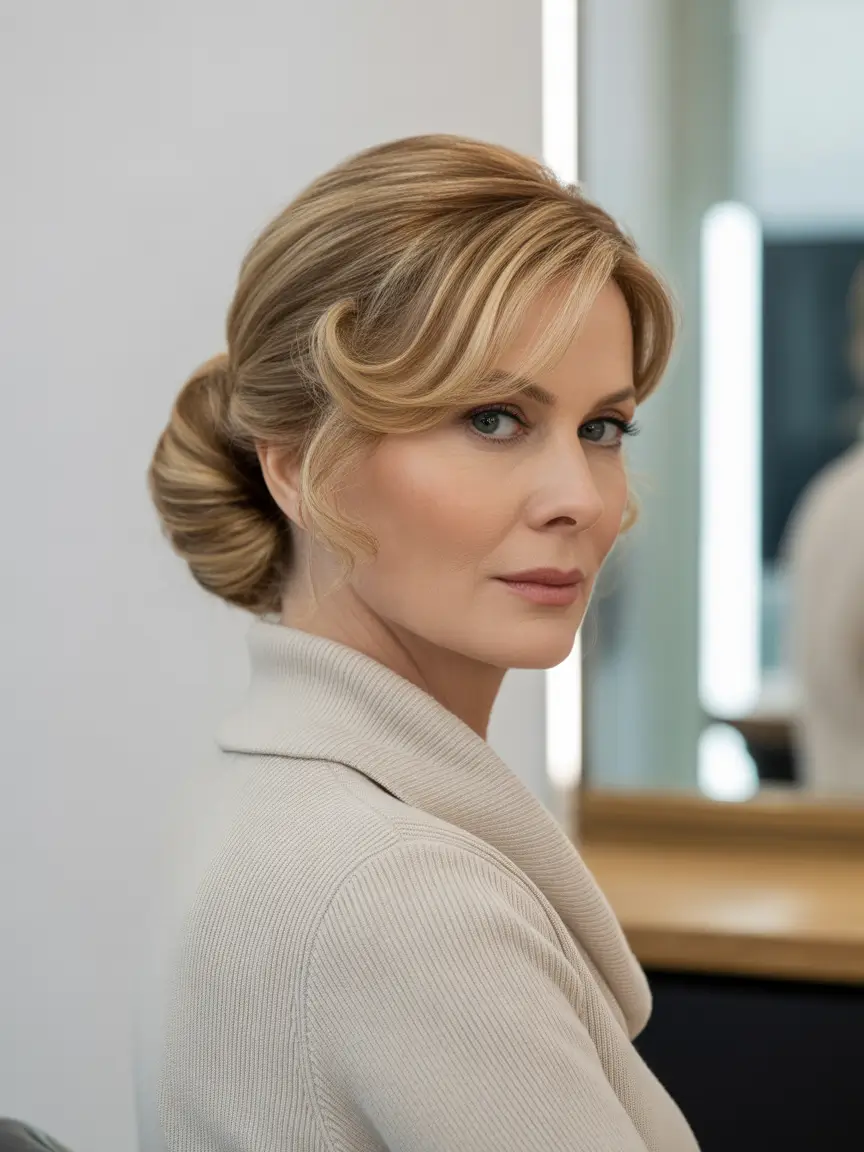 Fall hairstyles for women over 60 Swirled Low Chignon with Soft Bangs