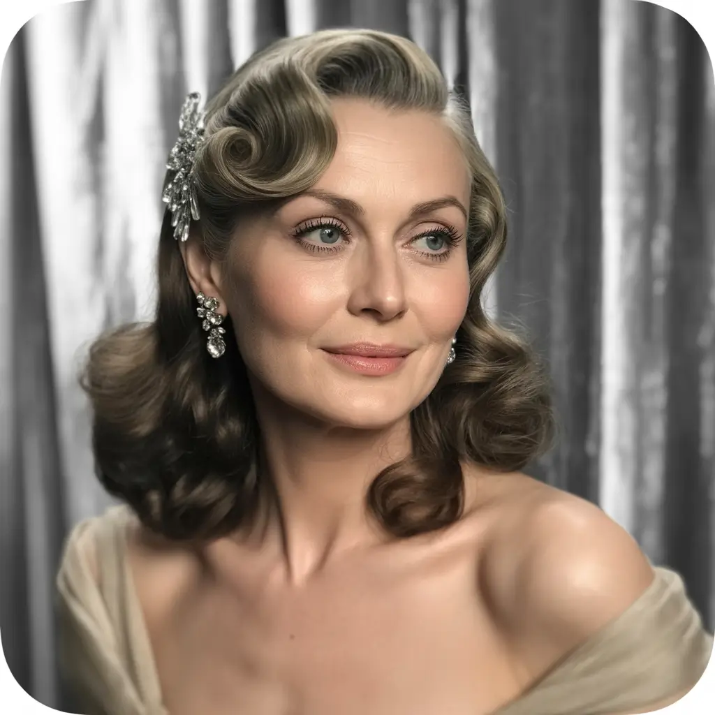 Fall hairstyles for women over 60 Glossy Hollywood Rolls with Sparkle Accents