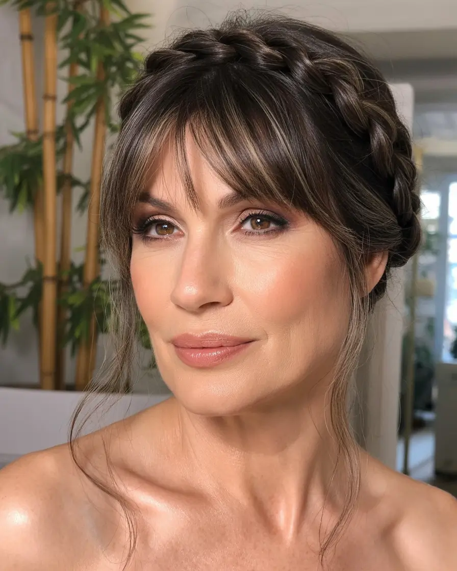 Fall hairstyles for women over 60 Braided Halo with Bangs and Face-Framing Layers