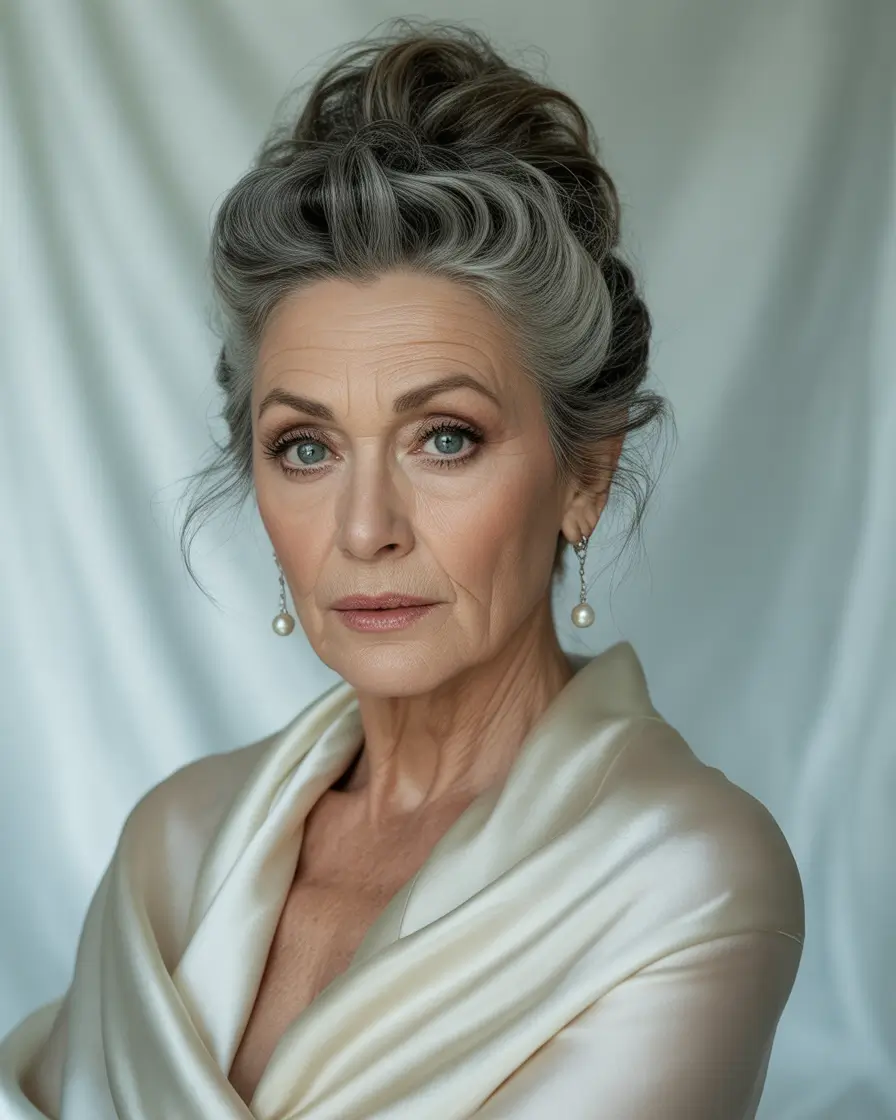 Fall hairstyles for women over 60 Textured Gray Updo with Loose Volume