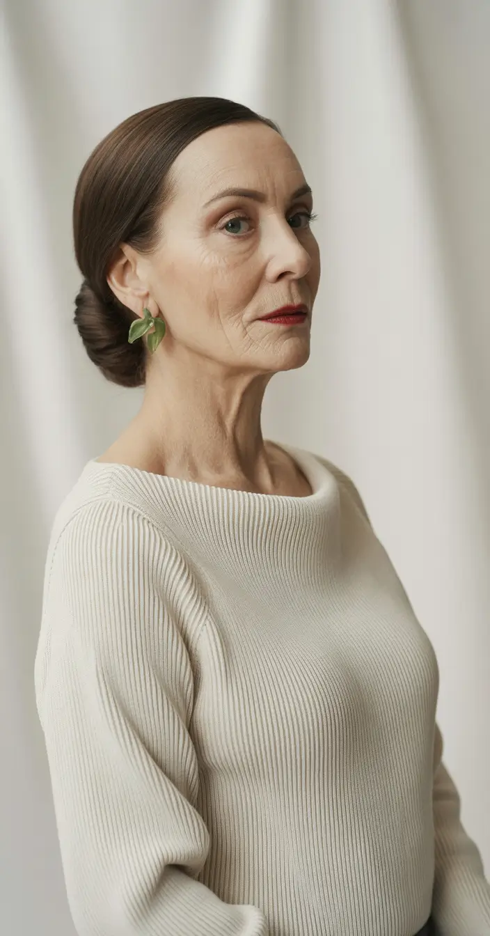 Fall hairstyles for women over 60 Glossy Low Chignon with Deep Side Part
