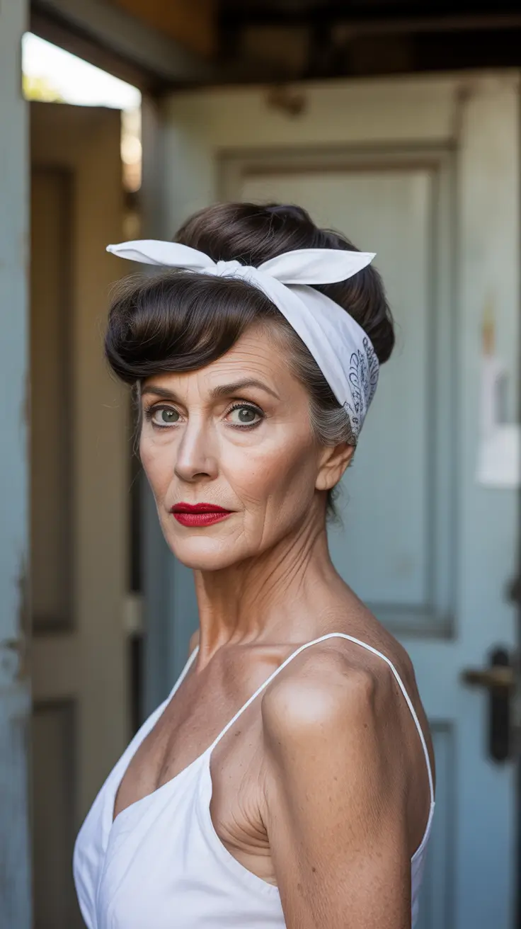 Fall hairstyles for women over 60 Retro Victory Rolls with Bandana Accent