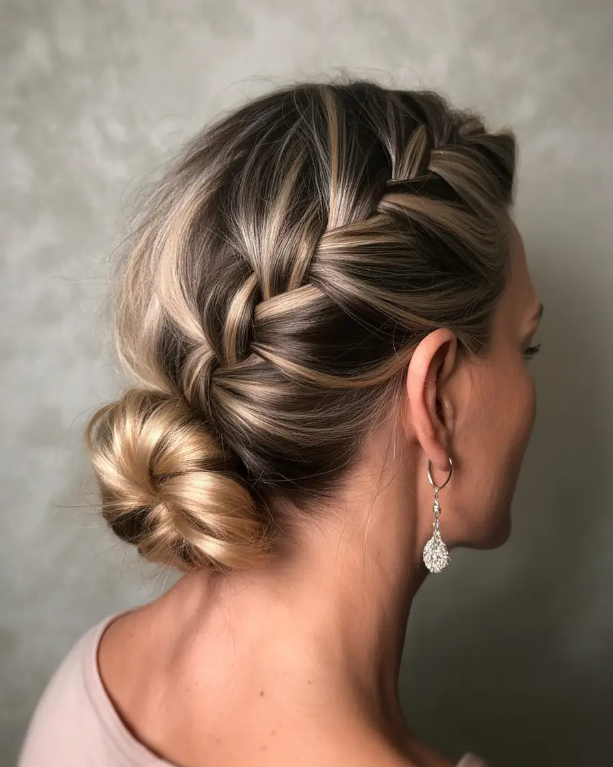 Fall hairstyles for women over 50+Side French Braid into Polished Low Knot