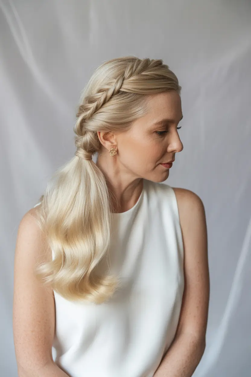 Fall hairstyles for women over 50+Braided Crown Ponytail with Wavy Ends