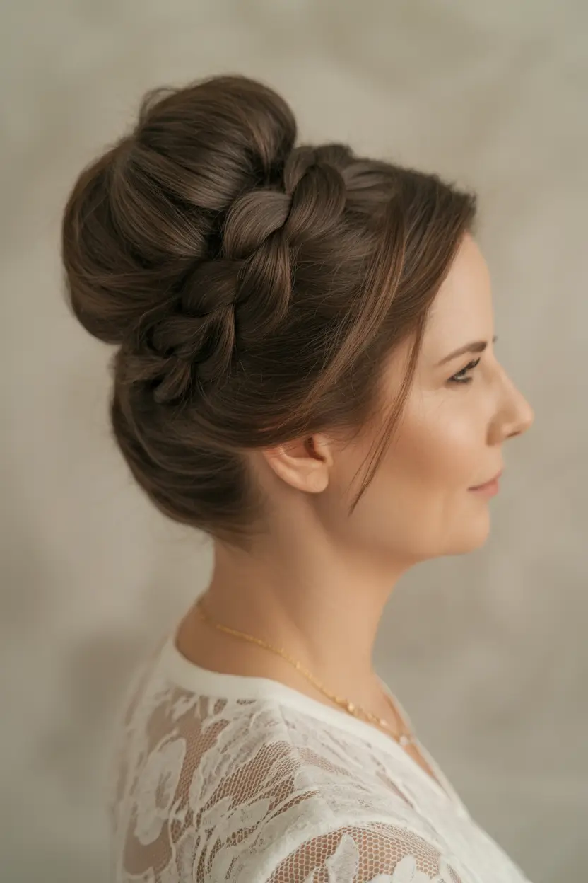 Fall hairstyles for women over 50+High Braided Bun with Soft Volume