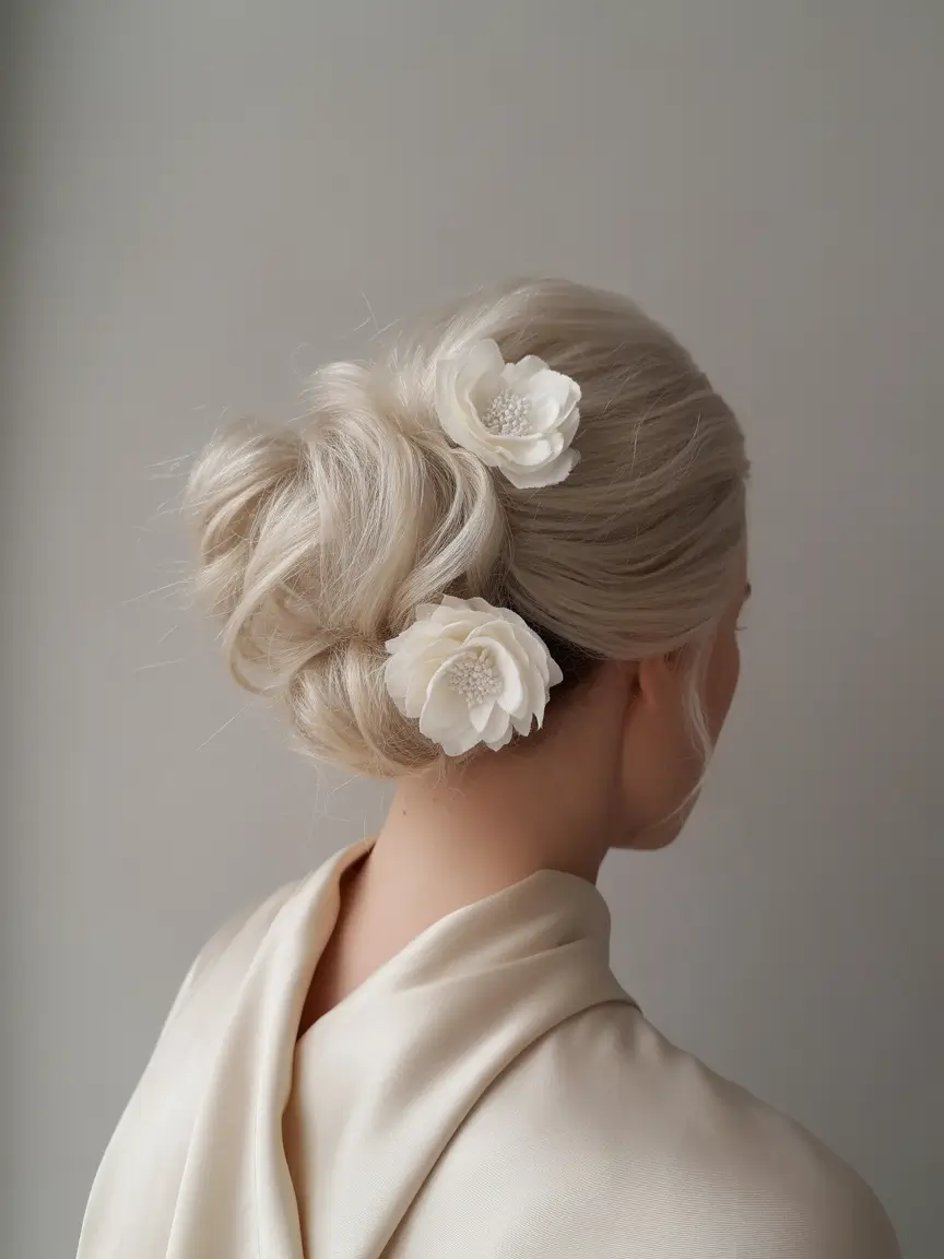 Fall hairstyles for women over 50+Low Romantic Bun with Floral Accents