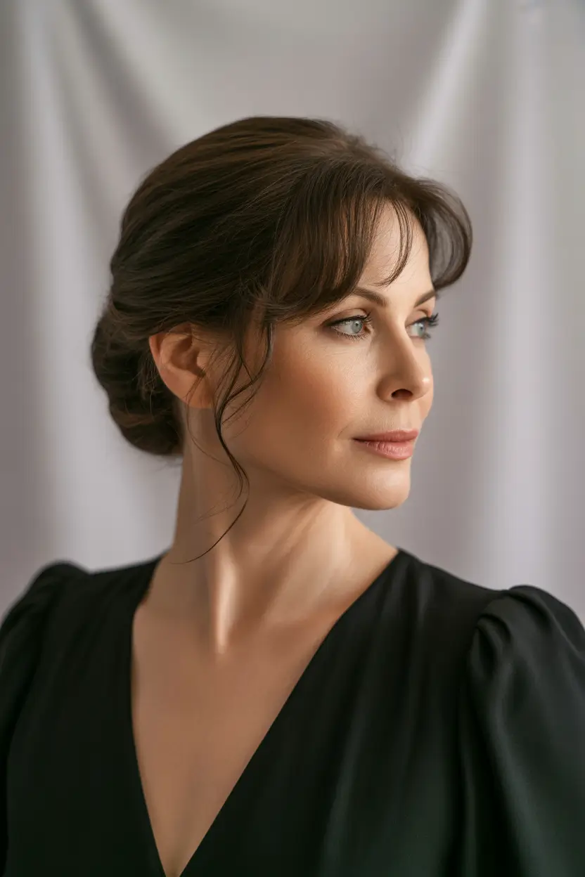 Fall-hairstyles-for-women-over-50-Soft-French-Twist-with-Side-Bangs