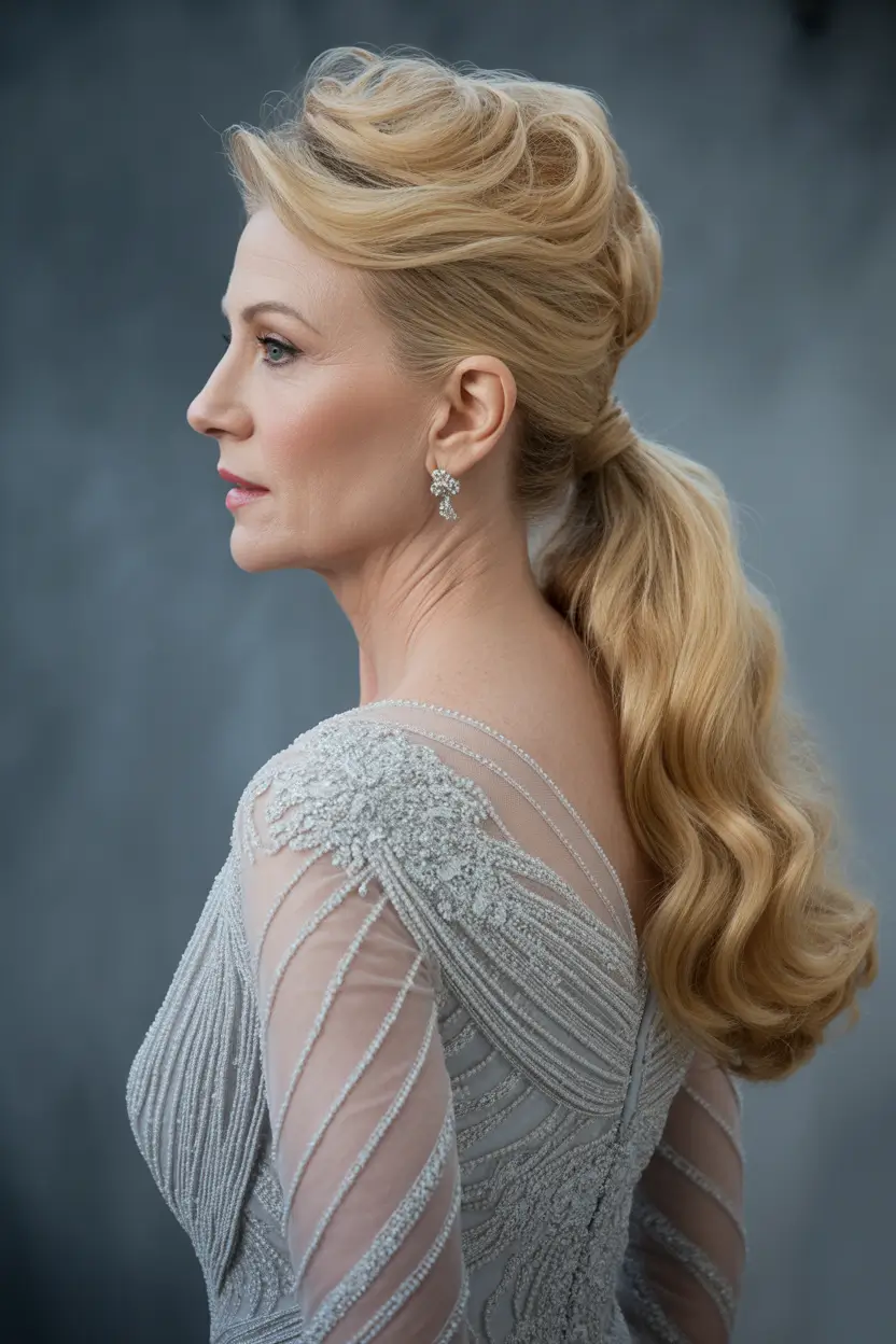 Fall hairstyles for women over 50+Glamorous Curled Ponytail with Lifted Crown