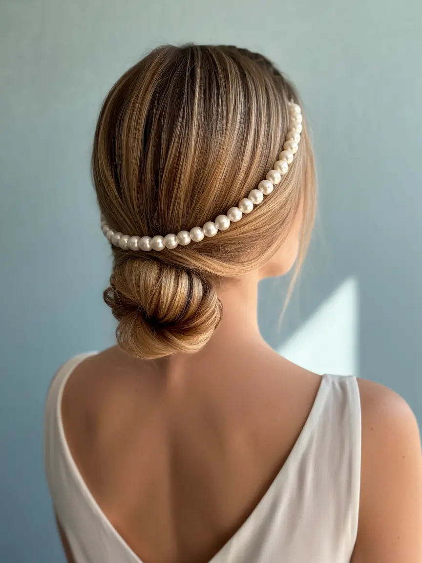 Fall hairstyles for women over 40 Timeless Low Knot with Pearl Headband