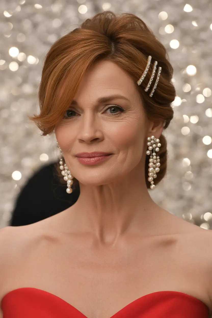 Fall hairstyles for women over 40 Glam Side Sweep with Bold Clips