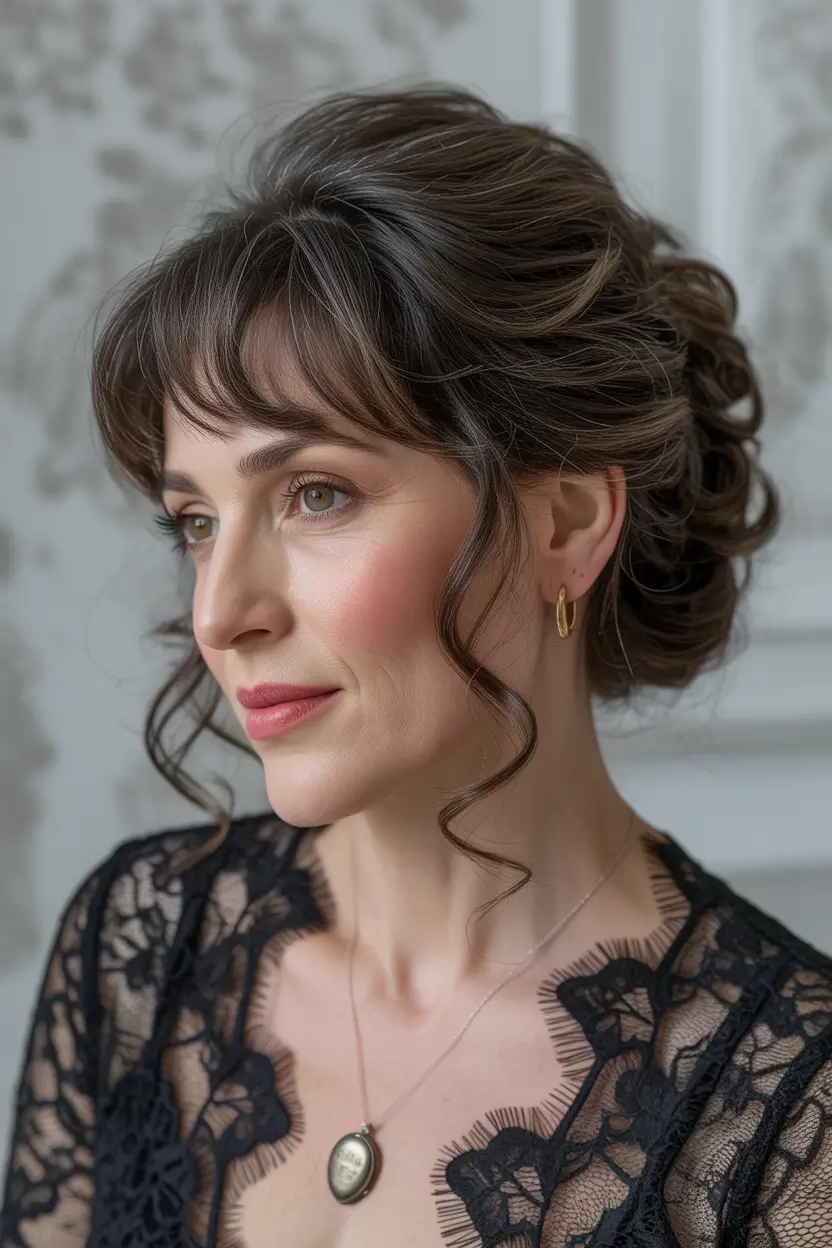 Fall hairstyles for women over 40 Soft Curls with Full Fringe