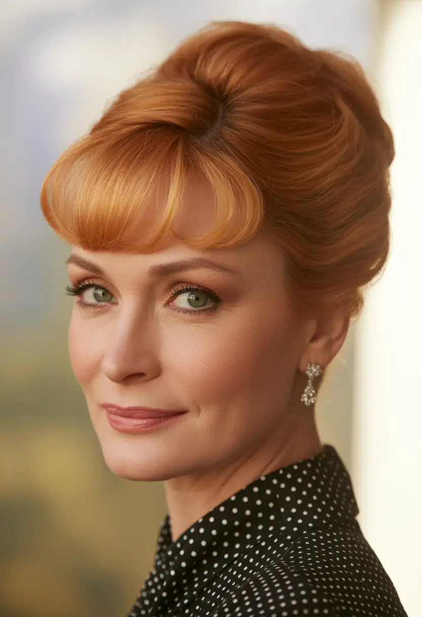 Fall hairstyles for women over 40 Retro French Twist with Vintage Bangs