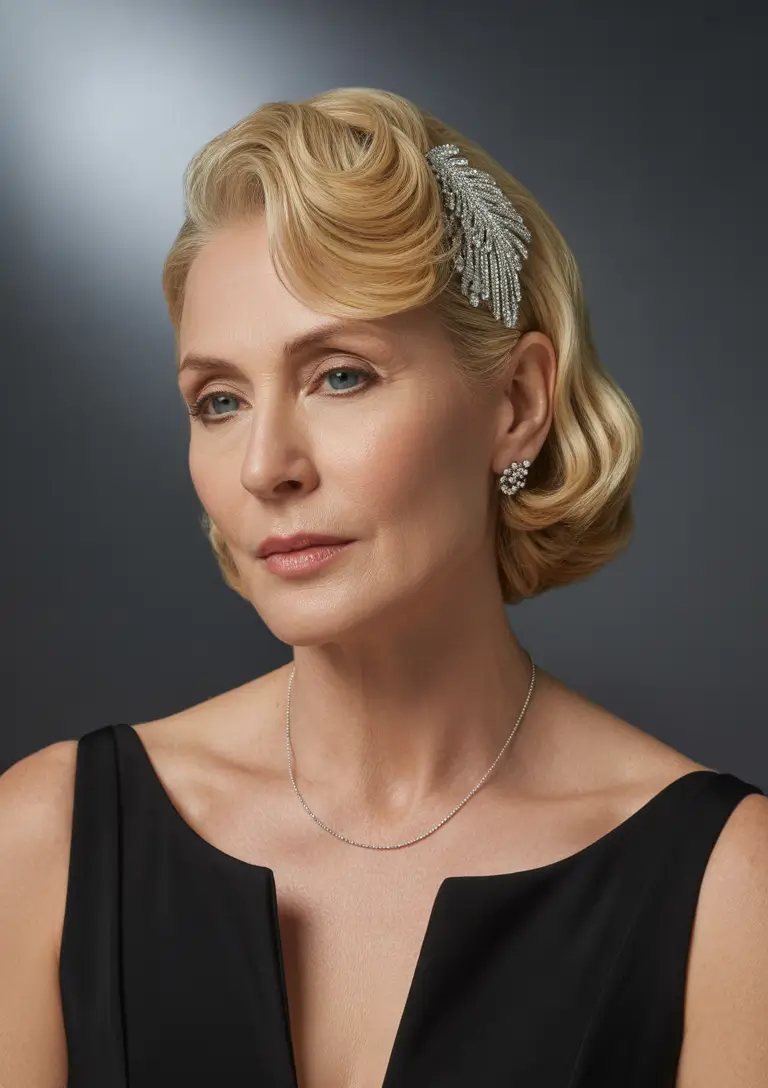Fall hairstyles for women over 40 Classic Hollywood Waves with Statement Clip
