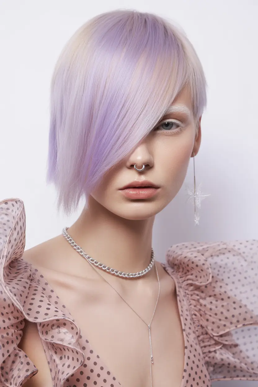 September hair color Lavender Frost Pixie with Side Fringe