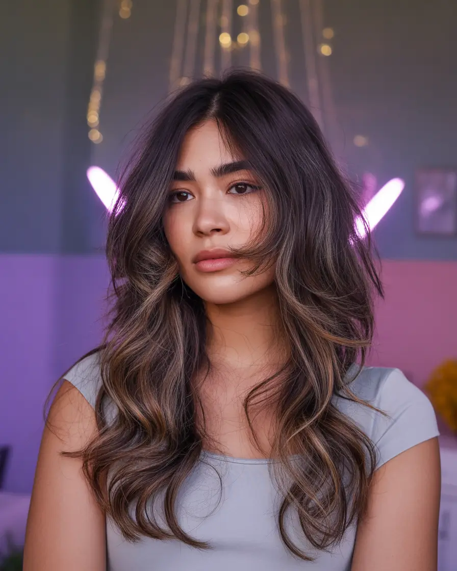 September hair color Textured Brunette Layers with Smoky Money Piece