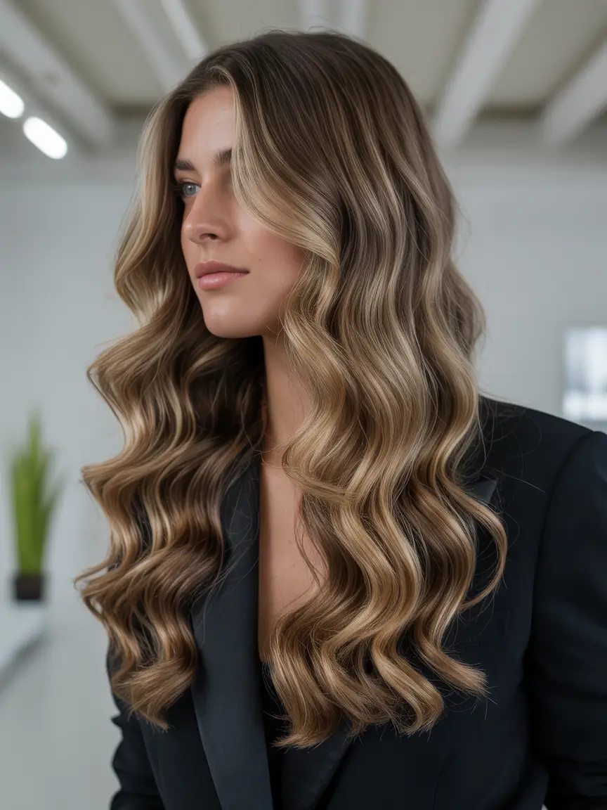 September hair color Brushed Caramel Waves with Luxe Dimension