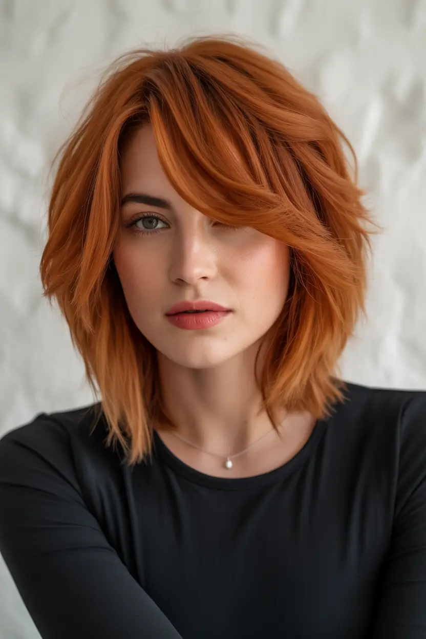 September hair color Burnt Copper Shag with Face-Framing Layers