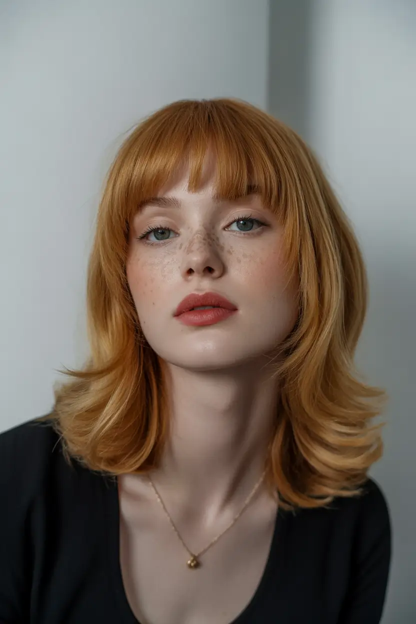 September hair color+Copper-Lit Midlength Cut with Soft Layers and Curtain Bangs