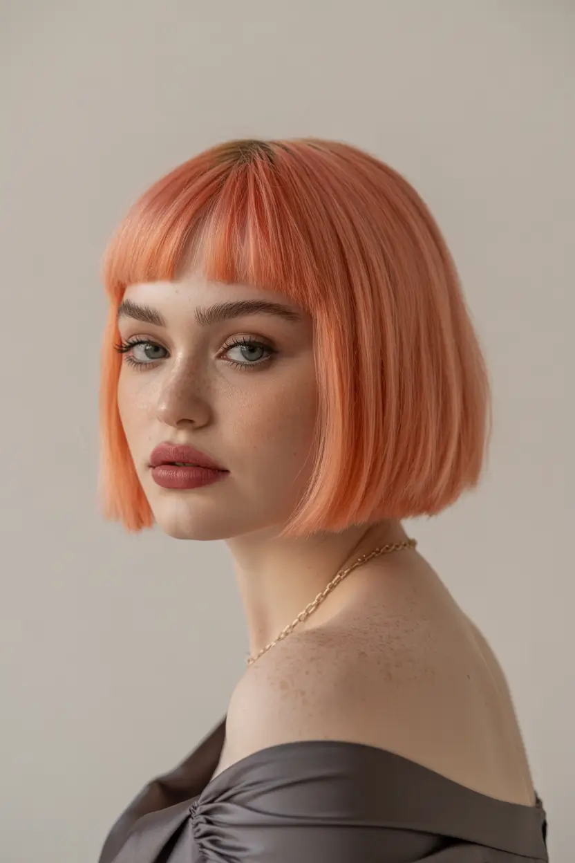September hair color+Peachy Neon Bob with Baby Bangs