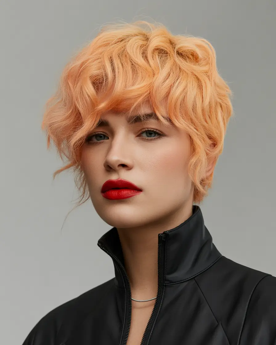 September hair color+Textured Pixie in Warm Tangerine Blonde