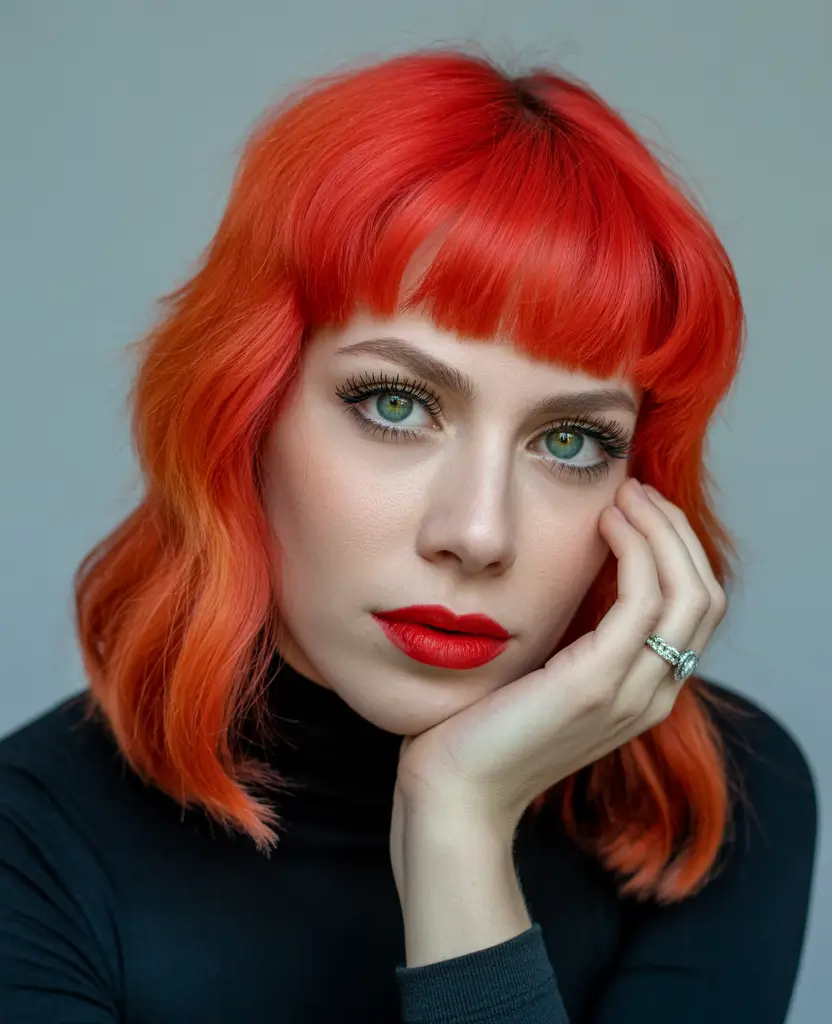 September hair color Molten Orange Bob with Precision Bangs