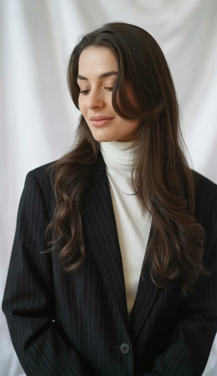 September hair color+Soft Waves in Espresso Brunette with Face-Framing Layers