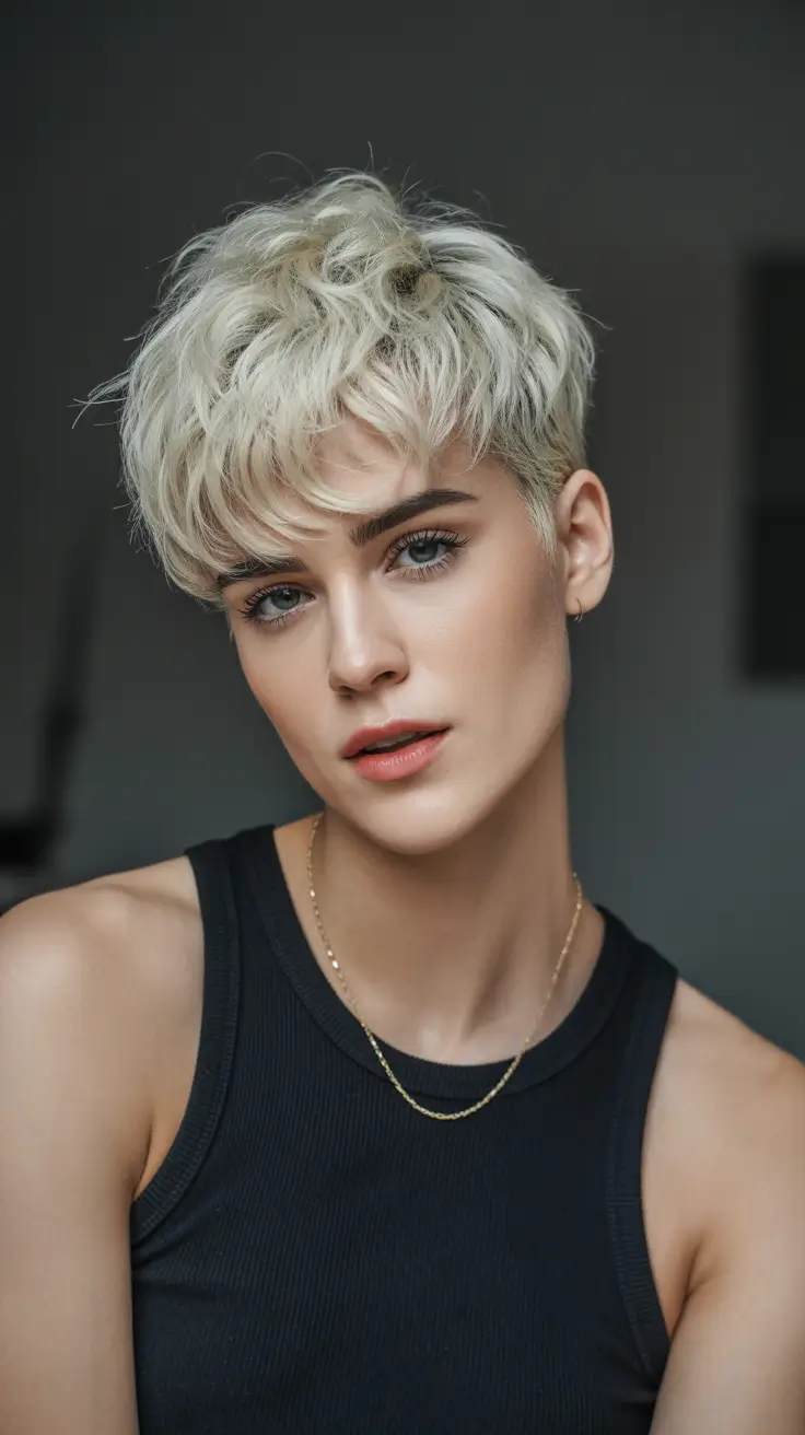 September hair color+Icy Blonde Textured Crop with Feathered Layers