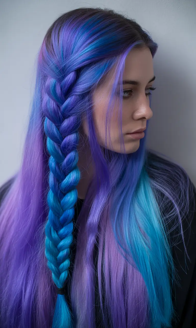 September hair color+Violet and Aqua Mermaid Braid