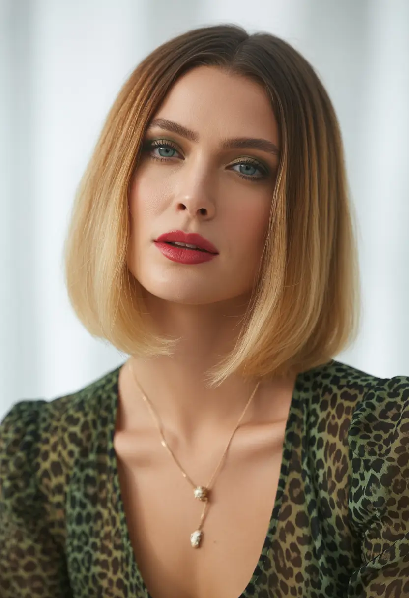 September hair color Blunt Blonde Bob with Root Shadow