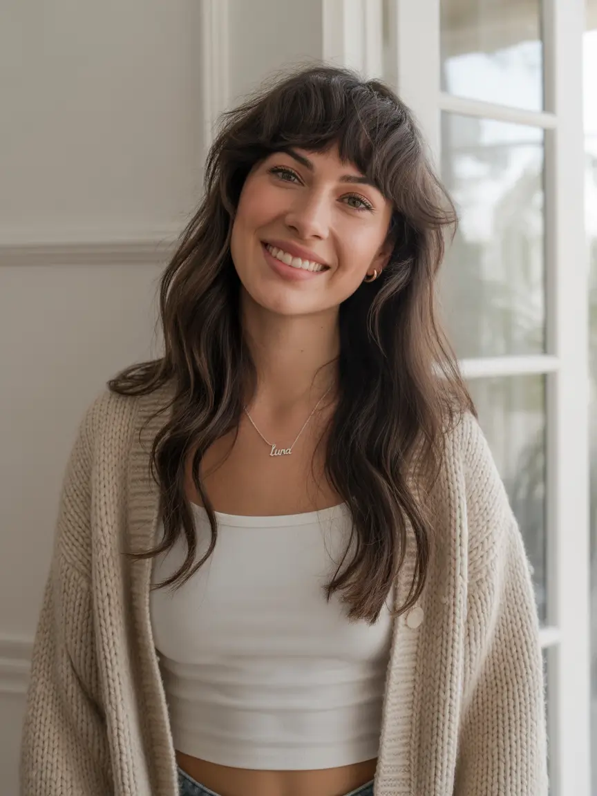 September hair color Loose Waves with Chocolate Undertones and Soft Fringe