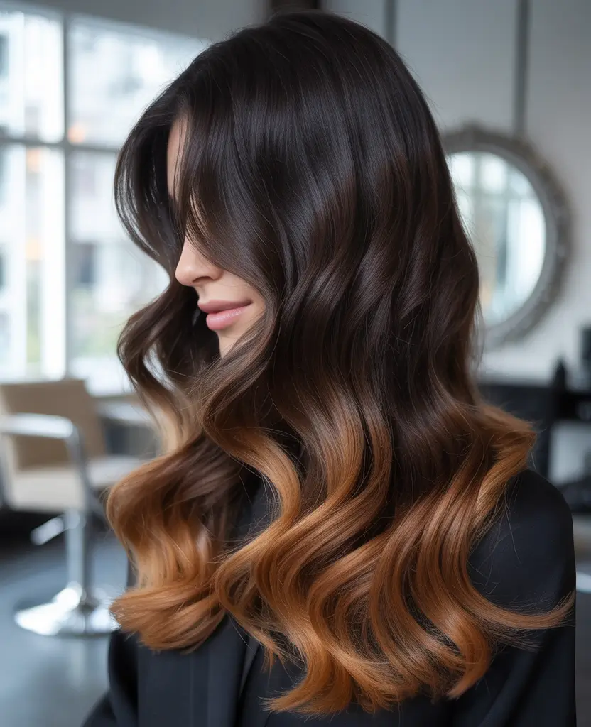 chocolate dark brown balayage highlights Chocolate-Dipped Ombre with Seamless Fade