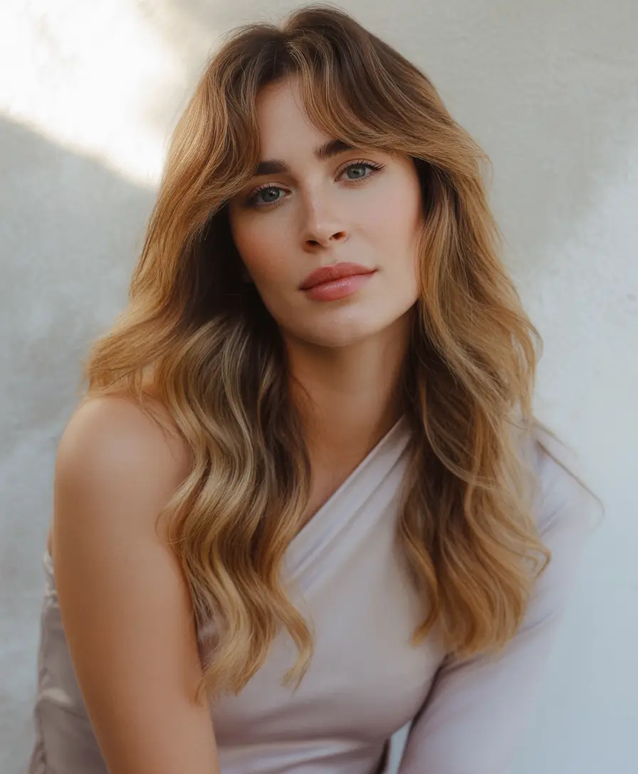 ideas for brunettes Warm Chestnut Balayage with Curtain Bangs