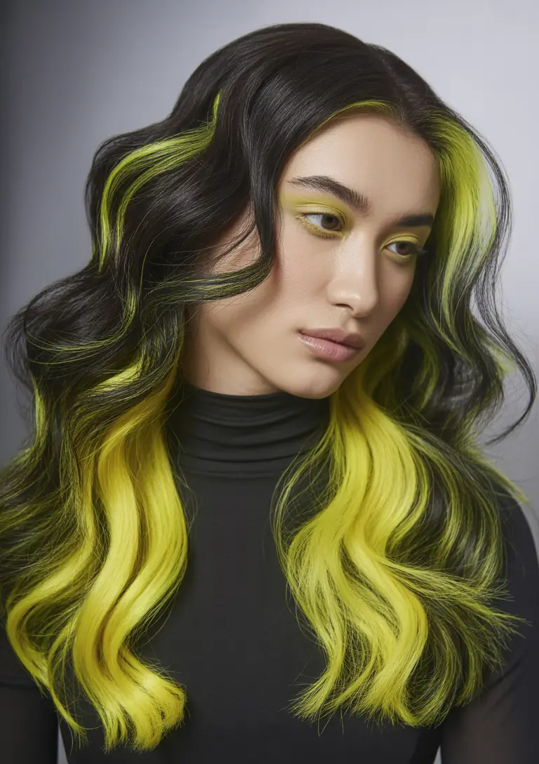 chocolate dark brown balayage highlights Neon Chartreuse and Ink Balayage