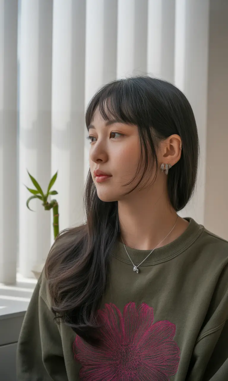 dark auburn Soft Natural Black with Long Layers and Korean Bangs