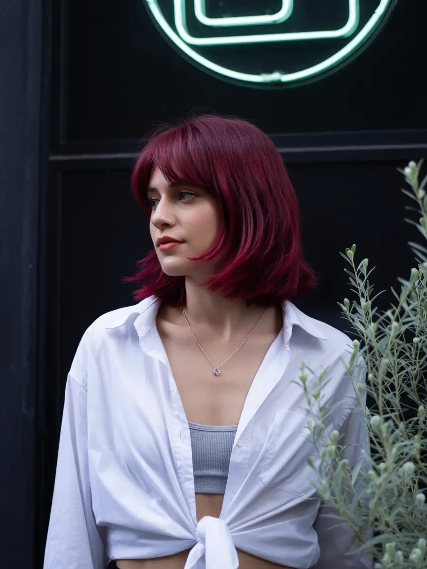 cute fall hair colors Rich Raspberry Layers with a Chic Tousled Flip