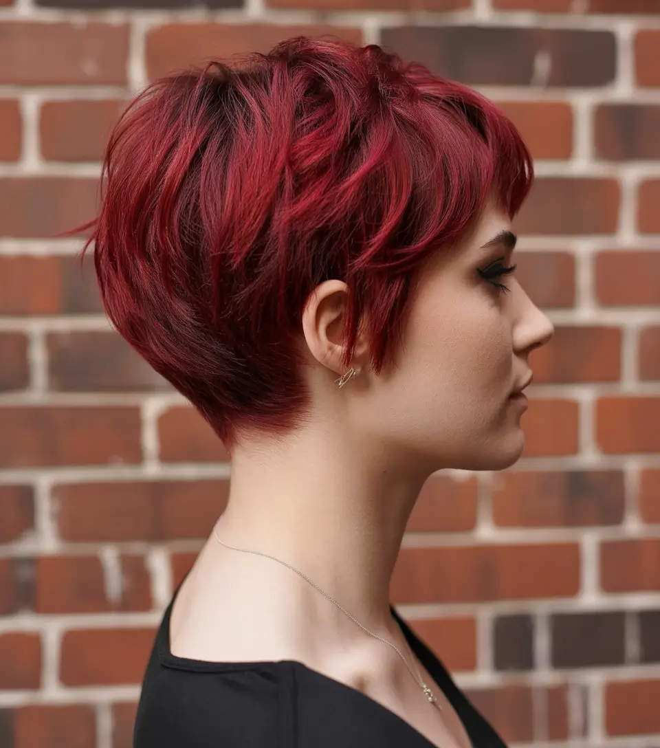 cute fall hair colors Crimson Pixie with Texture and Attitude