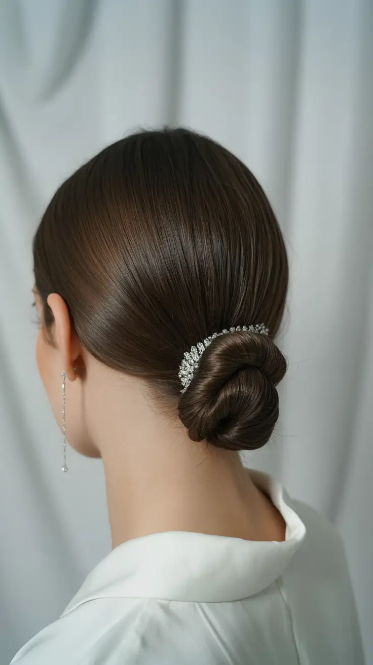 Fall hairstyles for round faces Elegant Tucked Bun with Crystal Accent