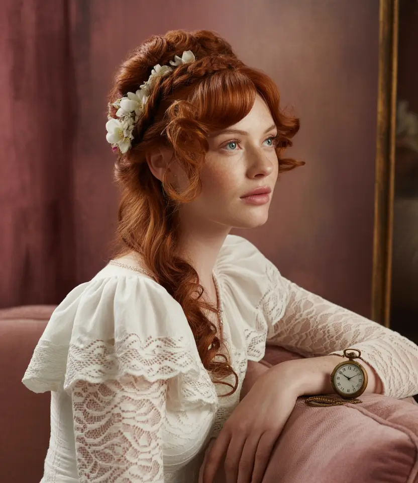 Fall hairstyles for round faces Romantic Renaissance Curls with Flower Crown