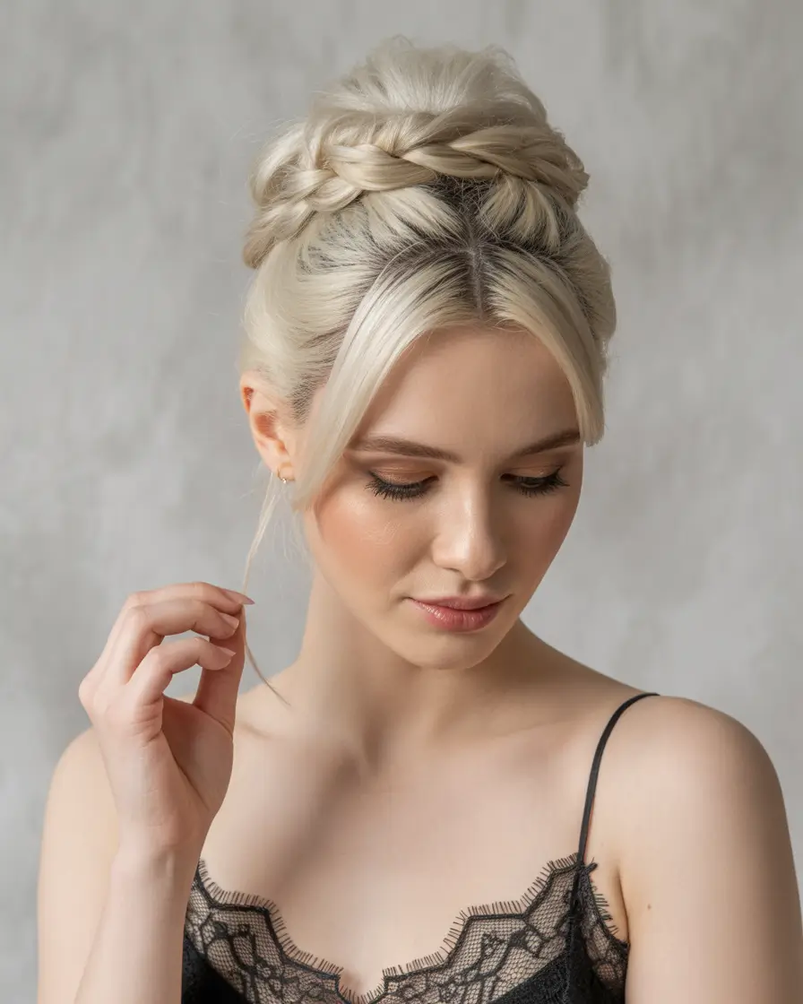 Fall hairstyles for round faces The Crowned Halo Braid Updo