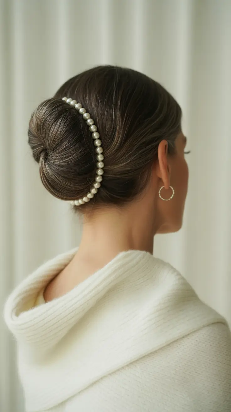 Fall hairstyles for round faces Classic Sleek Bun with Pearl Detail