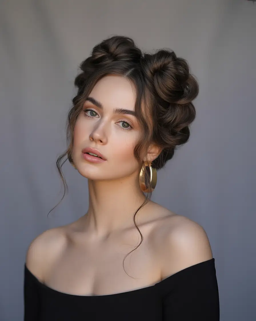 Fall hairstyles for round faces Twisted Space Buns with Soft Curls
