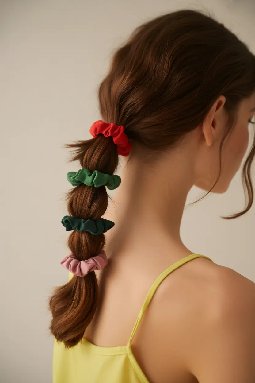 Fall hairstyles for round faces Layered Bubble Ponytail with Colorful Scrunchies