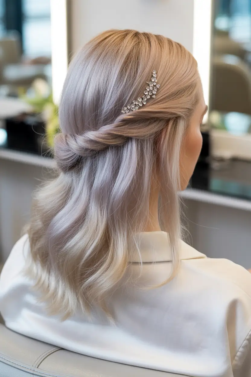 Fall hairstyle for medium hair Twisted Waves with a Rhinestone Clip