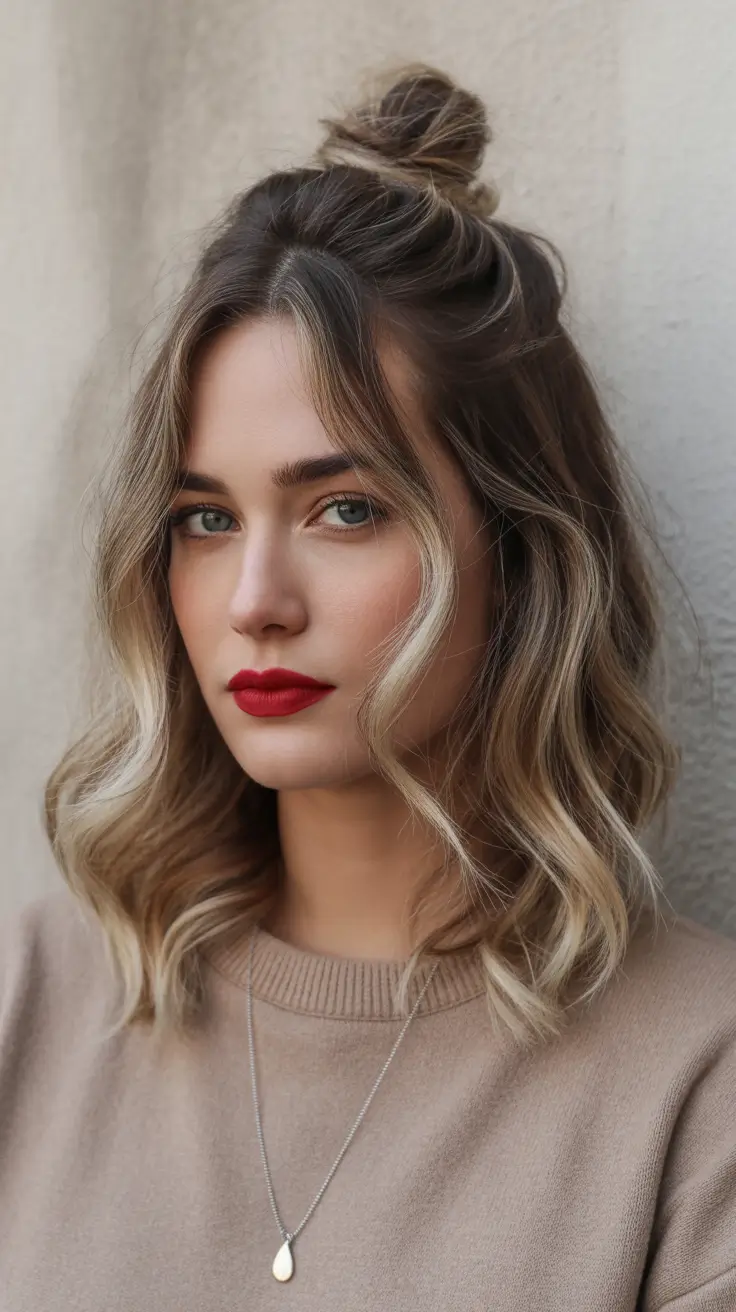 Fall hairstyle for medium hair The Effortless Fall Half-Up Bun