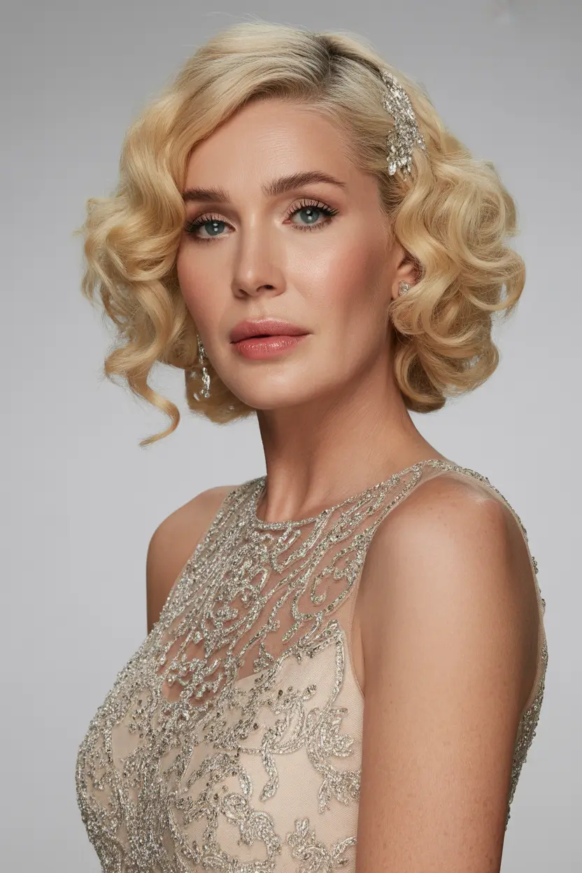 fall bob hairstyle ideas 2025 Classic Curled Blonde Bob with Embellishment