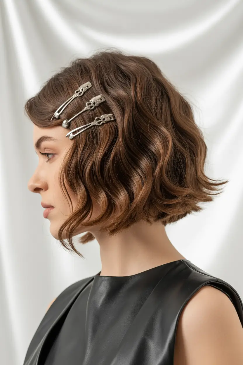 fall bob hairstyle Textured Wavy Bob with Silver Clips