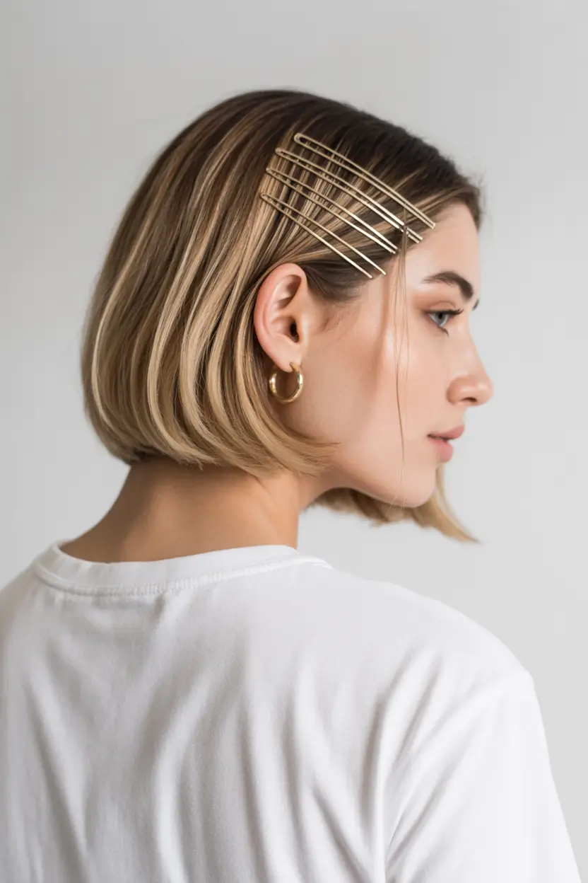 fall bob hairstyle Minimalist Angled Bob with Gold Pins